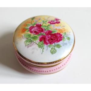 Round Hand Painted Porcelain Box Decorated With Roses Mid Century