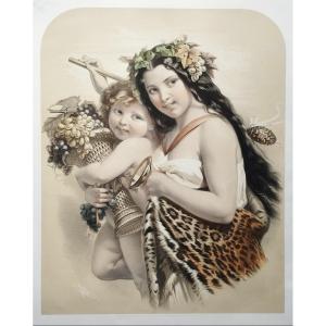 Large Hand-colored Lithograph, An Allegory Of Autumn By Julien After Brochart 19th C Old Print