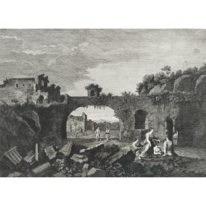 The Large Ruined Arcade 18th Century Engraving After Cornelis Van Poelenburgh