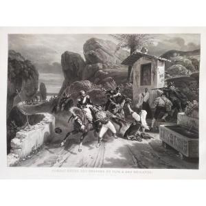 Antique Engraving Fight Between The Pope's Dragoons And Brigands After Horace Vernet 19th C