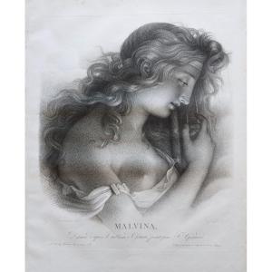 Antique Neoclassical Mythological Engraving Malvina After François Gérard, 19th C Old Print