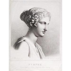 Nymph  Antique Neoclassical Engraving 19th Century Etching Old Print