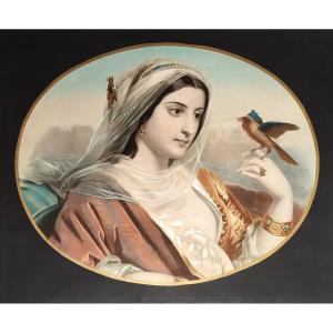 Oriental Woman With A Bird 19th Century Colored Lithograph Old Print
