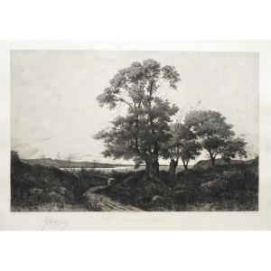  Etching After Harpignies, Landscape Of The Loire 19th C Engraving Old Print