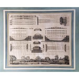 Antique Engraving Of Architecture The Bridge Over The Wertach Near Ehringen In Bavaria