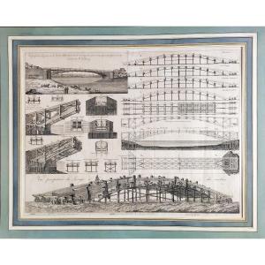 Antique Etching Architectura Bridge Over The Rotte River, 19th Century