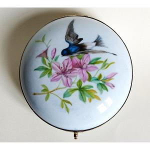 Hand Painted Porcelain Box With Bird Swallow On A Flowering Branch Signed