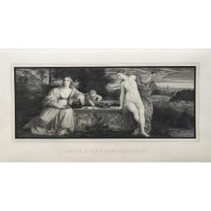 Antique Allegorical Etching By Jules Jacquet After Titian 19th C Engraving Old Print