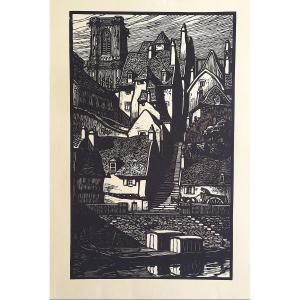 Nevers Casse-cou Street Original Woodcut By Fernand Chalandre 20th Century