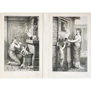 Roman Scene Of Maternity, Pair Of Etching By Jules Jacquet, 19th C Engraving Old Print