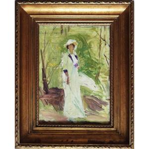 Oil On Panel Elegant Woman With Parasol By Jean Syndon Faurie Dated 1914