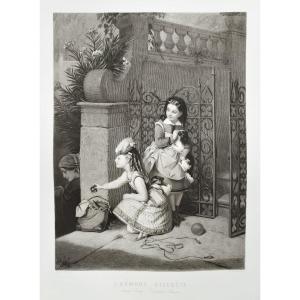 Large Engraving After Brochart l' Aumone Discrete Genre Scene 19th Century