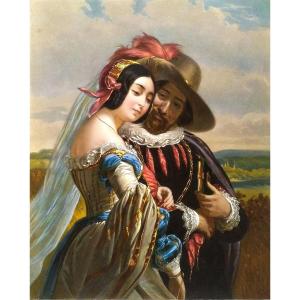 Gallant Couple Watercolored Engraving After Henriette Lorimier 19th C Etching Old Print