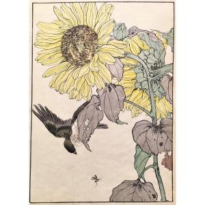 Japanese Woodcut Print The Sunflower And The Bird