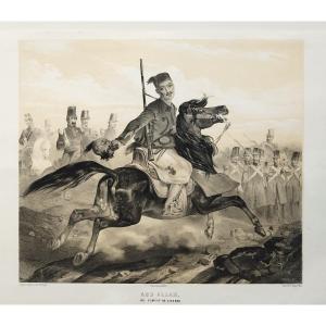 Arabian Horse Abd Allah At The Battle Of Habra 19th Century Lithograph After Bayot