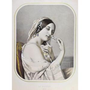 Watercolored Lithograph Portrait Of Lady 19th C Old Print