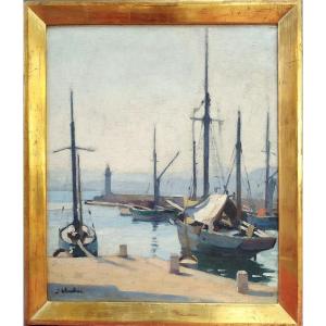 Saint Tropez By Joseph Chauleur Oil Painting Sailboat 20th Century
