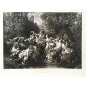 Etching Florinde Large Mythological Engraving By Abel Lurat After Winterhalter 19th C Old Print