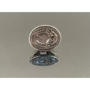 Oval Seal In Silver Or Silver Metal With Coat Of Arms From The 18th Century