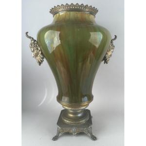 Large Potiche In Green Ceramic And Regulate Mount, Napoleon III Period