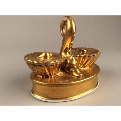 Inkwell Porcelain Paris Vintage Gold Restoration Charles X