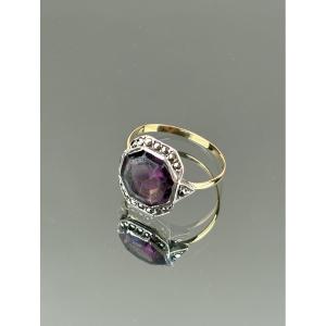 Gold And Silver Ring With Mauve And Marcasite Stones, Early 20th Century