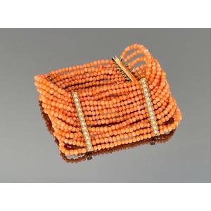 Bracelet In Coral Beads, Pearls And Gold From The Beginning Of The 20th Century