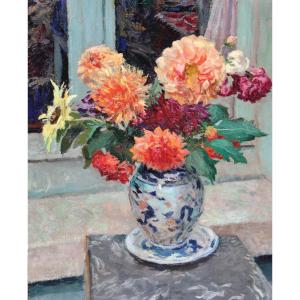 Alfred Swieykowski (1869-1953) Bouquet Of Dahlias In An Imari Vase, Circa 1925-1934
