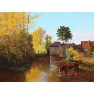 Léon Louis Oury (1846–1929) A Cow Drinking Near A Mill