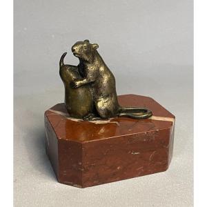 Mouse With A Pear. 19th Century Bronze Sculpture