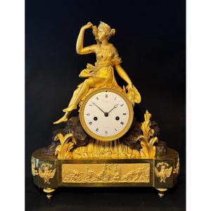 Large Empire Clock ''diane Chasseresse'' In Gilded Bronze