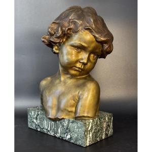 J.-m. Camus Large Bust Of A Child In Gilded And Patinated Bronze. 