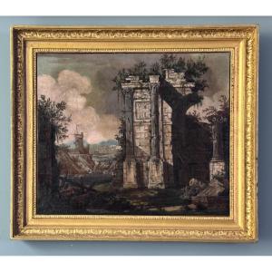 Architectural Whim With Ancient Ruins In Grisaille - Italy 18th Century