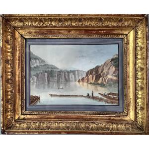 Swiss Landscape, Lakeside By A.-m. Almeras. 19th Century Watercolor.