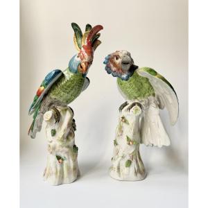 Pair Of Perched Parrots In Paris Porcelain (bourdois & Bloch) H36