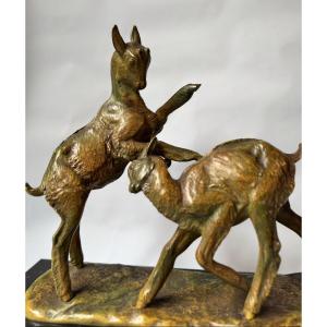 Bronze Sculpture "battle Of The Goats" Irénée Rochard Art Deco