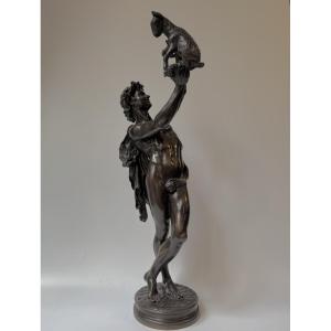 Bronze Sculpture "faun With Kid" Signed Gumery Rome
