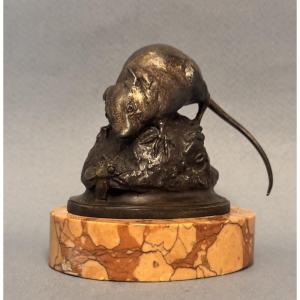 Bronze Sculpture "mouse With A Fly" T. Hingre