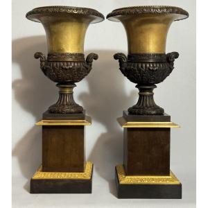 Pair Of Empire Bronze Cassolettes With Medici Vases H36