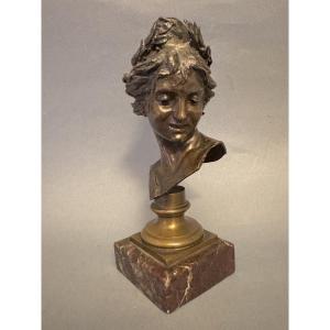 Art Nouveau Bronze Bust Of A Young Woman, Signed Alberti