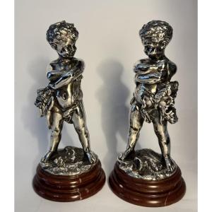 Louis Kley - Comedy And Tragedy - 2 Children Silvered Bronze - Putti