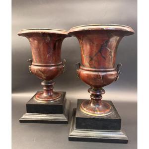 Pair Of Medici Vases In Bronze And Painted Sheet Metal With A Trompe l'Oeil Marble Effect