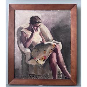Maurice Asselin - Young Woman Reading - Oil On Canvas