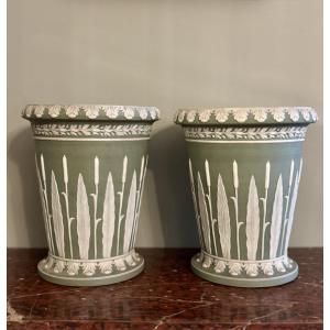 Pair Of Wedgwood Jasper Green Vases Or Planters