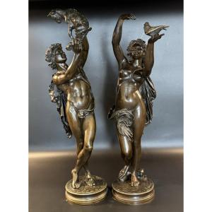 Pair Of Bronze Sculptures "young Faun With Akid" & "young Woman With A Dove" By Gumery