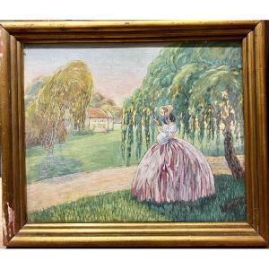 French Art Deco School - Elegant In The Garden And Reading, Signed, Circa 1930
