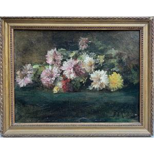 French School Around 1880 - Pier Of Dahlias - Oil On Paper Monogrammed Md?