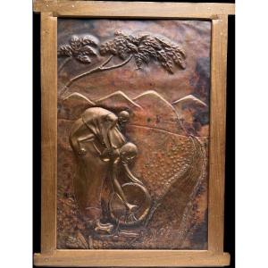 French School Of The 20th Century - Africanist Composition, Repoussé Copper - Dinanderie