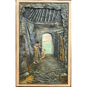 Desnoyer (xix-xx) - Fishermen In The Antique Style - Polychrome Wax Bas Relief, 1909