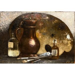 French Impressionist School - Palette, Tubes Of Colors And Brushes, Monogram Lb, 1890